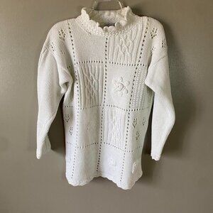 P' Galli Sweater  Medium Vintage White Sweater 80s Block Knit Embellishment